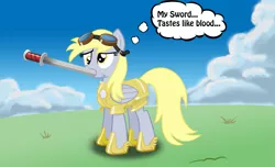 Size: 1379x836 | Tagged: semi-grimdark, artist:ohthatandy, derpibooru import, derpy hooves, pegasus, pony, armor, female, mare, ouch, solo, stupidity, sword, sword swallowing, too dumb to live, you're doing it wrong