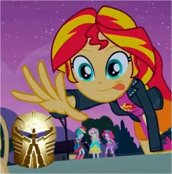 Size: 363x369 | Tagged: safe, derpibooru import, sunset shimmer, equestria girls, bionicle, kanohi ignika, lego, mask of life, meme, sunset shimmer reaching for things, this will end in tears