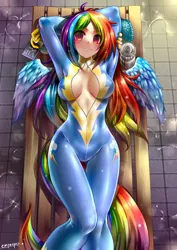 Size: 794x1122 | Tagged: absolute cleavage, arm behind head, artist:emperpep, bench, breasts, busty rainbow dash, cleavage, derpibooru import, female, human, humanized, nudity, on back, rainbow dash, solo, solo female, suggestive, tailed humanization, winged humanization, wings, wonderbolts uniform