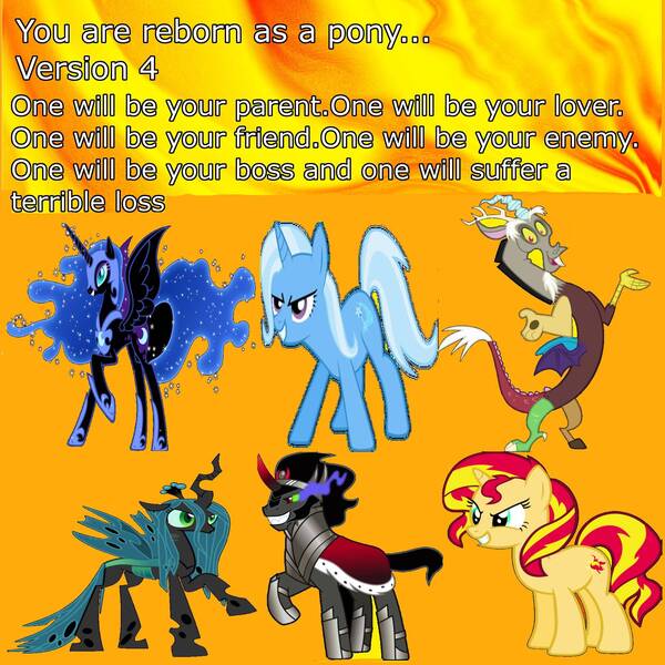 Size: 2000x2000 | Tagged: safe, derpibooru import, discord, king sombra, nightmare moon, queen chrysalis, sunset shimmer, trixie, pony, reborn as a pony, wrong aspect ratio