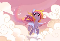 Size: 5000x3467 | Tagged: safe, artist:wicklesmack, derpibooru import, oc, oc:glittering cloud, unofficial characters only, pony, cloud, cloudy, colored wings, female, flying, gradient wings, mare, sky, smiling, solo, spread wings, trail, wings