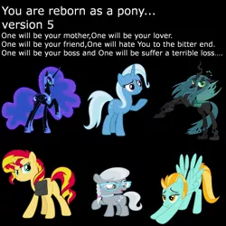 Size: 2000x2000 | Tagged: safe, derpibooru import, lightning dust, nightmare moon, queen chrysalis, silver spoon, sunset shimmer, trixie, pony, glasses, reborn as a pony