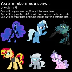 Size: 2000x2000 | Tagged: safe, derpibooru import, diamond tiara, nightmare moon, queen chrysalis, silver spoon, sunset shimmer, trixie, pony, glasses, reborn as a pony