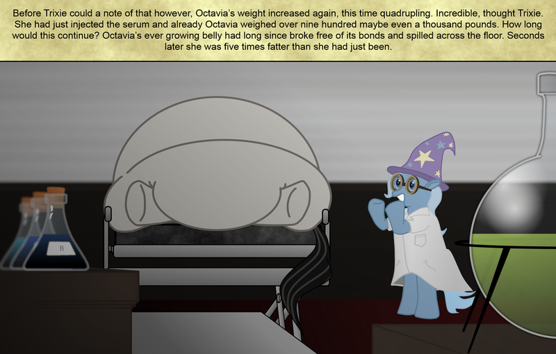 Size: 1024x651 | Tagged: safe, artist:fatponysketches, author:aharon l'anglais, derpibooru import, part of a set, octavia melody, trixie, belly, blob, expansion, fat, fatavia, immobile, meurtrier manor, morbidly obese, obese, part of a series, weight gain, weight gain comic