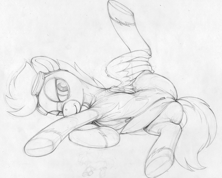 Size: 1144x917 | Tagged: artist:ecmajor, bedroom eyes, cameltoe, dock, female, monochrome, questionable, skintight clothes, solo, solo female, spitfire, spread legs, traditional art, underhoof, wing hands, wip, wonderbolts, wonderbolts uniform