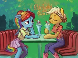 Size: 1280x960 | Tagged: safe, artist:spectralunicorn, derpibooru import, applejack, rainbow dash, anthro, semi-anthro, 50s, alternate hairstyle, appledash, clothes, diner, drink, female, jeans, lesbian, milkshake, restaurant, shipping, skirt, style emulation, table