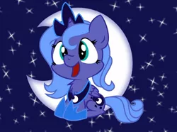 Size: 944x704 | Tagged: artist:askfirefly-23, artist:nekosnicker, chest fluff, cute, derpibooru import, filly, happy, moon, princess luna, safe, solo, stars, woona