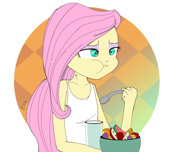 Size: 2600x2300 | Tagged: safe, artist:thenornonthego, derpibooru import, fluttershy, equestria girls, aweeg*, clothes, eating, female, food, fruit salad, solo, tanktop