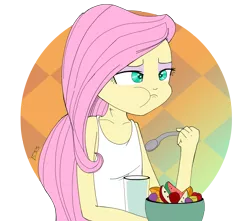 Size: 2600x2300 | Tagged: safe, artist:thenornonthego, derpibooru import, fluttershy, equestria girls, aweeg*, clothes, eating, female, food, fruit salad, solo, tanktop