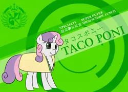 Size: 2780x1989 | Tagged: artist:outcast010, clothes, costume, danganronpa, derpibooru import, parody, pony as food, safe, solo, sweetie belle, taco belle, taco suit