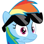 Size: 600x600 | Tagged: derpibooru import, rainbow dash, reaction image, safe, solo, sunglasses, worried