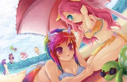 Size: 960x620 | Tagged: safe, artist:oceanchan, derpibooru import, applejack, fluttershy, pinkie pie, rainbow dash, rarity, spike, tank, twilight sparkle, human, adorasexy, beach, bikini, breasts, busty rainbow dash, clothes, cute, eared humanization, goggles, humanized, nail polish, sexy, sunglasses, swimsuit, tailed humanization, tongue out, umbrella