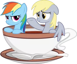 Size: 3469x2866 | Tagged: safe, artist:crimsonlynx97, derpibooru import, derpy hooves, rainbow dash, pegasus, pony, cup, cup of pony, drink, duo, frown, micro, rainbow dash is not amused, simple background, spoon, tea, teacup, transparent background, unamused, vector
