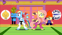 Size: 640x360 | Tagged: safe, artist:mysteryben, derpibooru import, fluttershy, rainbow dash, pony, rhythm is magic, animated, bipedal, blush sticker, blushing, chop chop master onion, cute, dan hibiki, dragon ball, eyes closed, gritted teeth, hadouken, kamehameha, pappy rappy, parappa the rapper, remix apple apple apple, rhythm game, rhythm heaven, ryu, shinkuu hadouken, shyabetes, smiling, street fighter, wide eyes, youtube link