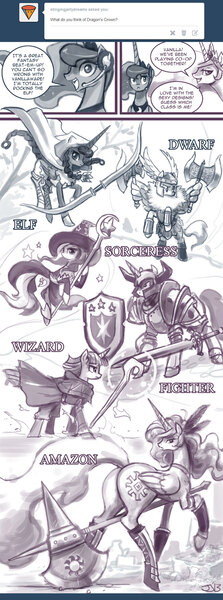 Size: 700x1887 | Tagged: safe, artist:johnjoseco, derpibooru import, derpy hooves, princess celestia, princess luna, shining armor, trixie, twilight sparkle, alicorn, dwarf, earth pony, elf, pegasus, pony, unicorn, ask princess molestia, gamer luna, princess molestia, amazon, armor, ask, axe, battle axe, clothes, comic, cosplay, costume, dragon's crown, female, fighter, magic staff, male, mare, plot, shield, simple background, sorceress, stallion, sunbutt, the ass was fat, video game, weapon, white background, wing hands, wing hold, wizard