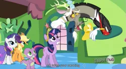 Size: 849x469 | Tagged: applejack, big crown thingy, derpibooru import, discord, keep calm and flutter on, meme, rarity, safe, screencap, spike, twilight sparkle, youtube caption