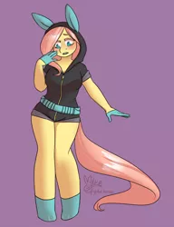 Size: 812x1060 | Tagged: anthro, artist:bunnyc4ke, blushing, bunny ears, clothes, dangerous mission outfit, derpibooru import, female, fluttershy, hoodie, safe, solo, unguligrade anthro