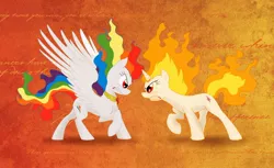 Size: 1500x917 | Tagged: angry, artist:celestiathegreatest, derpibooru import, duo, element of loyalty, eye contact, fight, fire, fire head, glare, gritted teeth, mane of fire, rage-shift, rainbow dash, rainbow fire, raised hoof, rapidash, rapidash twilight, safe, spread wings, super rainbow dash, twilight sparkle