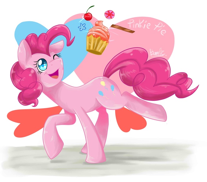 Size: 2276x2000 | Tagged: safe, artist:benkomilk, derpibooru import, pinkie pie, candy, cherry, cupcake, heart, solo