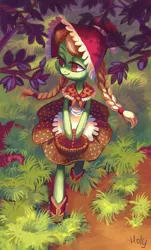 Size: 2605x4311 | Tagged: adorasmith, anthro, artist:holivi, bonnet, clothes, cute, daily deviation, derpibooru import, granny smith, safe, solo, tree, younger, young granny smith