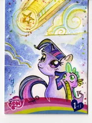 Size: 1000x1340 | Tagged: artist card, artist:sararichard, derpibooru import, idw, safe, spike, traditional art, twilight sparkle