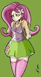 Size: 656x1217 | Tagged: artist:frankaraya, breasts, busty fluttershy, cleavage, clothes, derpibooru import, equestria girls outfit, female, fluttershy, frown, human, humanized, safe, skirt, socks, solo, thigh highs