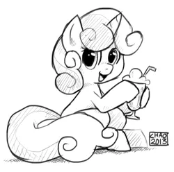 Size: 484x481 | Tagged: artist:sharmie, cute, derpibooru import, diasweetes, hoof hold, looking at you, milkshake, monochrome, safe, sitting, smiling, solo, sweetie belle