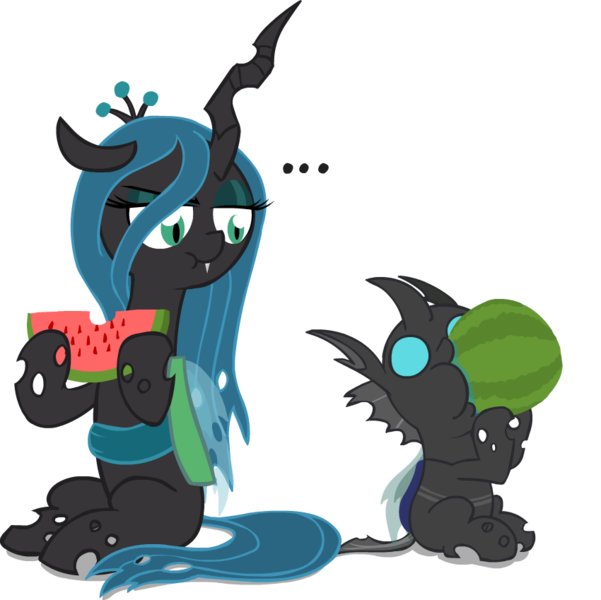 Size: 850x849 | Tagged: ..., artist:mrponiator, changeling, changeling loves watermelon, changeling queen, cute, cutealis, cuteling, derpibooru import, disapproval, drool, duo, eating, fangs, female, food, fruit, hoof hold, male, mommy chrissy, nom, nymph, queen chrysalis, raised eyebrow, safe, silly changeling, simple background, sitting, sweet dreams fuel, :t, transparent background, watermelon, wide eyes