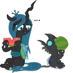 Size: 850x849 | Tagged: ..., artist:mrponiator, changeling, changeling loves watermelon, changeling queen, cute, cutealis, cuteling, derpibooru import, disapproval, drool, duo, eating, fangs, female, food, fruit, hoof hold, male, mommy chrissy, nom, nymph, queen chrysalis, raised eyebrow, safe, silly changeling, simple background, sitting, sweet dreams fuel, :t, transparent background, watermelon, wide eyes