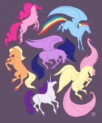Size: 600x724 | Tagged: safe, artist:rollingrabbit, derpibooru import, applejack, fluttershy, pinkie pie, rainbow dash, rarity, twilight sparkle, twilight sparkle (alicorn), alicorn, earth pony, horse, pegasus, pony, unicorn, colored hooves, eyes closed, female, mane six, mare, missing cutie mark, purple background, realistic, realistic horse legs, simple background