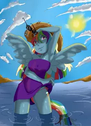 Size: 600x825 | Tagged: anthro, armpits, artist:dragons4life, beach, breasts, clothes, derpibooru import, female, hat, human, human facial structure, humanized, panties, rainbow dash, solo, solo female, suggestive, underwear