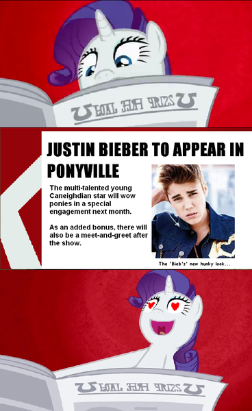 Size: 703x1147 | Tagged: abstract background, artist:ponyflea, comic, edit, edited screencap, exploitable meme, hilarious in hindsight, i'll destroy her, justin bieber, meme, newspaper, newspaper meme, ponyville confidential, rarity, safe, screencap, screencap comic, solo, subverted meme