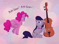 Size: 900x673 | Tagged: artist:celestiathegreatest, cello, derpibooru import, duo, excited, floppy ears, frown, hoof hold, jumping, lady gaga, musical instrument, octavia melody, open mouth, pinkie pie, raised hoof, safe, sitting, smiling, wavy mouth, yelling