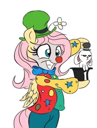 Size: 455x598 | Tagged: safe, artist:rainb0wdashie, artist:willisninety-six, derpibooru import, angel bunny, fluttershy, pony, bipedal, clothes, clown, costume, flutterclown, hilarious in hindsight, magic trick