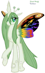 Size: 538x871 | Tagged: artist:faith-wolff, butterfly wings, changeling, changelingified, changeling queen, colored sclera, colored wings, derpibooru import, fanfic:the bridge, godzilla (series), kaiju changeling, mothpony, mothra, mothra lea, multicolored wings, original species, ponified, raised hoof, safe, signature, simple background, smiling, solo, transparent background