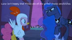 Size: 1063x592 | Tagged: animal costume, chicken pie, chicken suit, clothes, costume, edit, edited screencap, glorious grilled cheese, grilled cheese, insane pony thread, luna eclipsed, nightmare night, nightmare night costume, pinkie pie, princess luna, safe, screencap, tumblr