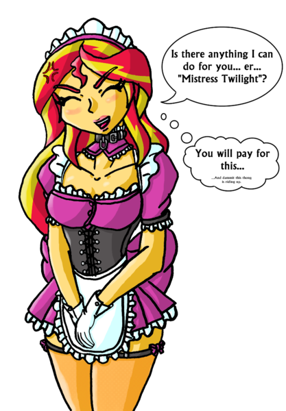 Size: 730x1050 | Tagged: suggestive, artist:eradose, derpibooru import, sunset shimmer, human, equestria girls, breasts, clothes, collar, cross-popping veins, embarrassed, female, humanized, maid, mistress, simple background, solo, solo female, transparent background