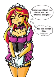 Size: 730x1050 | Tagged: suggestive, artist:eradose, derpibooru import, sunset shimmer, human, equestria girls, breasts, clothes, collar, cross-popping veins, embarrassed, female, humanized, maid, mistress, simple background, solo, solo female, transparent background