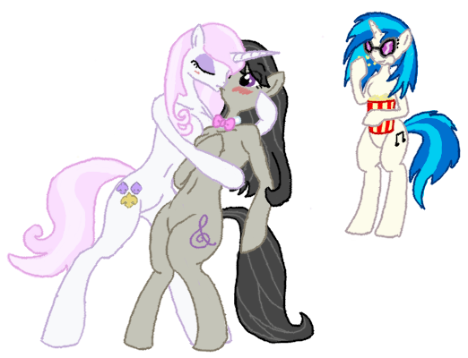 Size: 522x400 | Tagged: artist:wryte, blushing, derpibooru import, female, fleur-de-lis, kissing, lesbian, octavia melody, popcorn, safe, semi-anthro, vinyl scratch