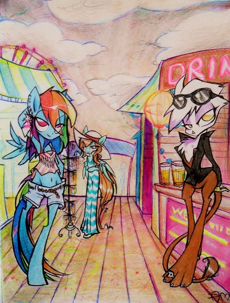 Size: 2688x3541 | Tagged: dead source, suggestive, artist:yuji8sushi, derpibooru import, gilda, rainbow dash, gryphon, pegasus, semi-anthro, arm behind head, belly button, bipedal, boardwalk, clothes, hat, sun hat, traditional art