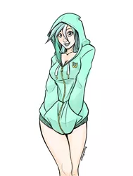 Size: 700x924 | Tagged: artist:romanrazor, bottomless, breasts, busty lyra heartstrings, clothes, female, hoodie, human, humanized, lyra heartstrings, smiling, solo, solo female, suggestive
