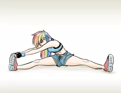 Size: 980x753 | Tagged: artist:romanrazor, belly button, clothes, derpibooru import, exercise, fingerless gloves, gloves, human, humanized, midriff, rainbow dash, safe, shoes, sitting, smiling, sneakers, solo, splits, sports bra, stretching, tanktop, wristband, yoga