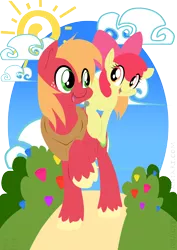 Size: 3508x4961 | Tagged: safe, artist:turrkoise, derpibooru import, apple bloom, big macintosh, earth pony, pony, brother and sister, duo, happy, male, stallion