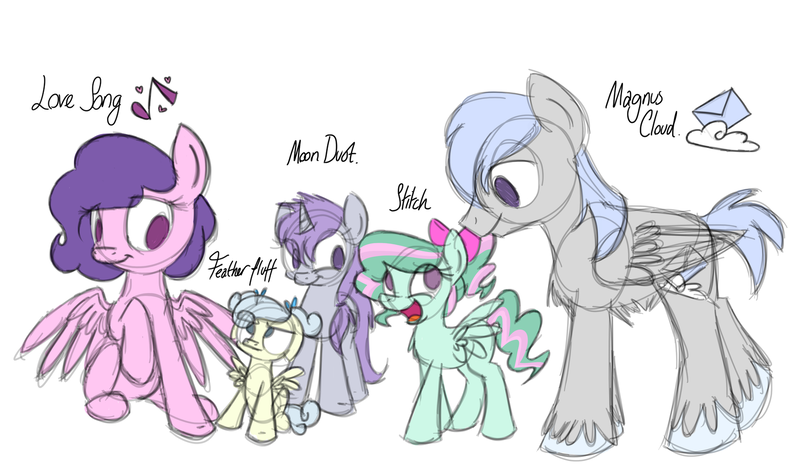 Size: 1600x941 | Tagged: artist:estrill, bow, derpibooru import, family, oc, oc:feather fluff, oc:love song, oc:magnus cloud, oc:moon dust, oc:stitch, safe, text, unofficial characters only