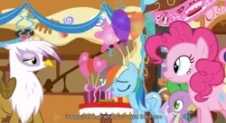 Size: 852x468 | Tagged: safe, derpibooru import, screencap, gilda, pinkie pie, rainbow dash, spike, gryphon, griffon the brush off, balloon, meme, youtube caption