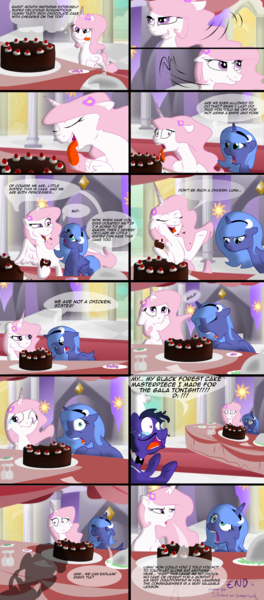 Size: 1360x3088 | Tagged: artist:lunarcakez, cake, cakelestia, cewestia, comic, comic:the cake, cute, derpibooru import, filly, lunabuse, oc, pink-mane celestia, princess celestia, princess luna, safe, trollestia, woona, woonabuse