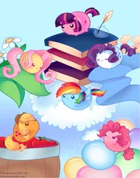 Size: 631x803 | Tagged: apple, applejack, artist:pekou, balloon, blob, blob ponies, book, chubbie, cloth, cloud, derpibooru import, flower, fluttershy, inkwell, mane six, pinkie pie, quill, rainbow dash, rarity, safe, twilight sparkle