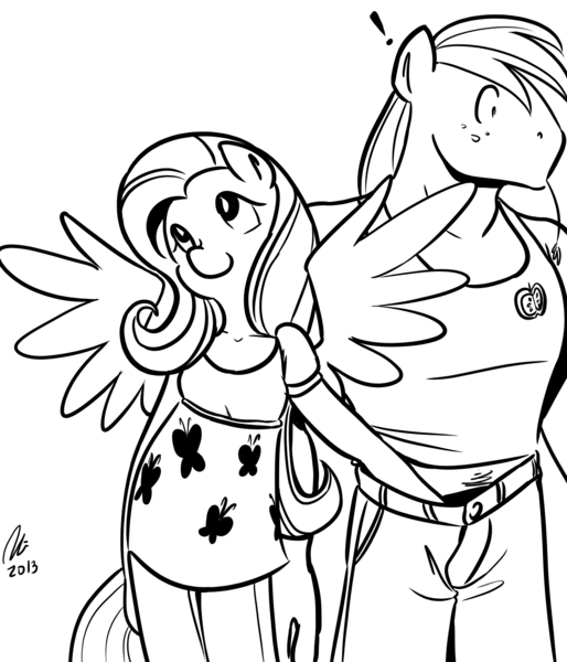 Size: 1200x1400 | Tagged: questionable, artist:rwl, derpibooru import, big macintosh, fluttershy, anthro, pegasus, assertive, beneath clothes, clothes, cute, cute porn, female, fluttermac, grayscale, hand in underwear, male, monochrome, shipping, softcore, straight, surprised, underwear