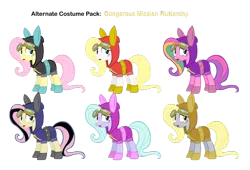 Size: 1024x698 | Tagged: safe, artist:pika-robo, artist:zvn, derpibooru import, banner mares, crescendo, derpy hooves, flitter, fluttershy, ploomette, pegasus, pony, alternate costumes, bunny ears, clothes, dangerous mission outfit, emoshy, female, hoodie, mare, recolor