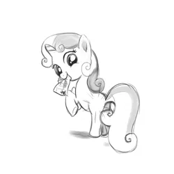 Size: 800x800 | Tagged: artist:incomplete-obsession, cute, derpibooru import, diasweetes, monochrome, mouth hold, plot, safe, solo, sweetie belle